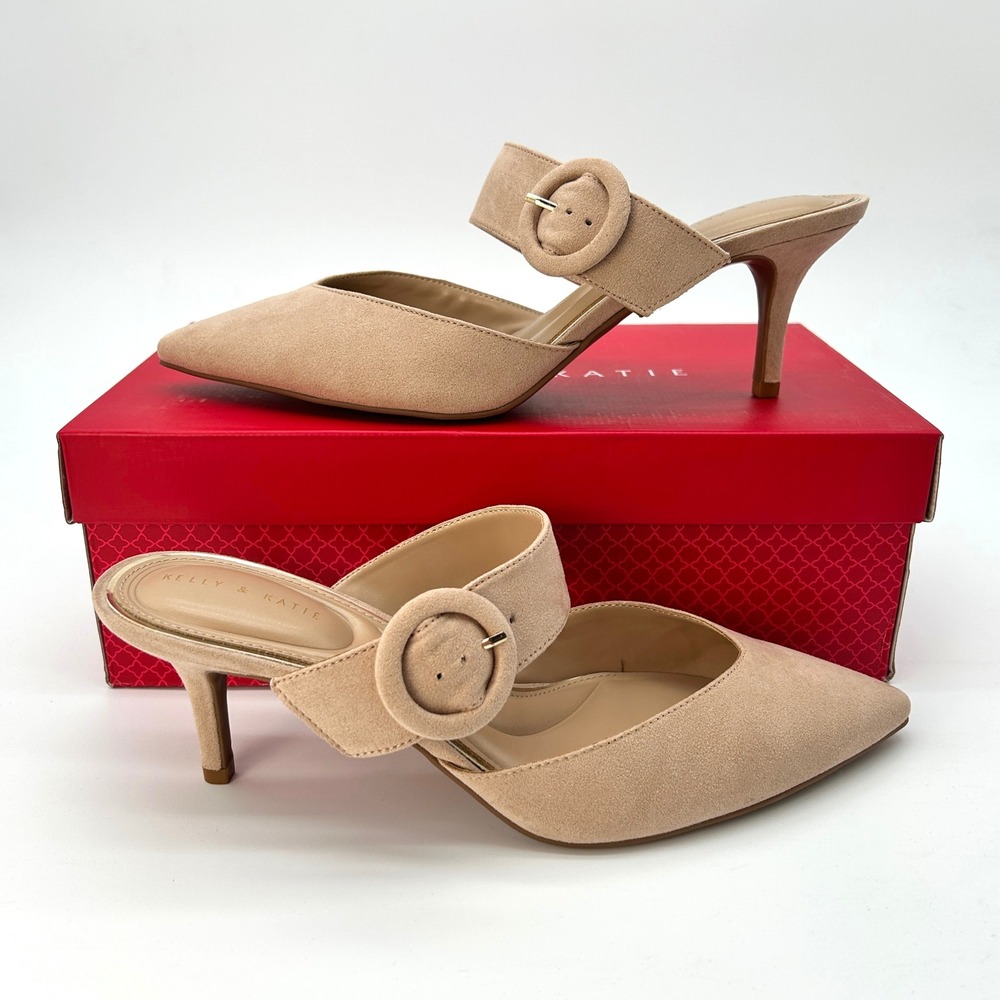 Womens Mule Heels Kelly & Katie Raone Size 9 Fawn Beige Microsuede Slip On NEW